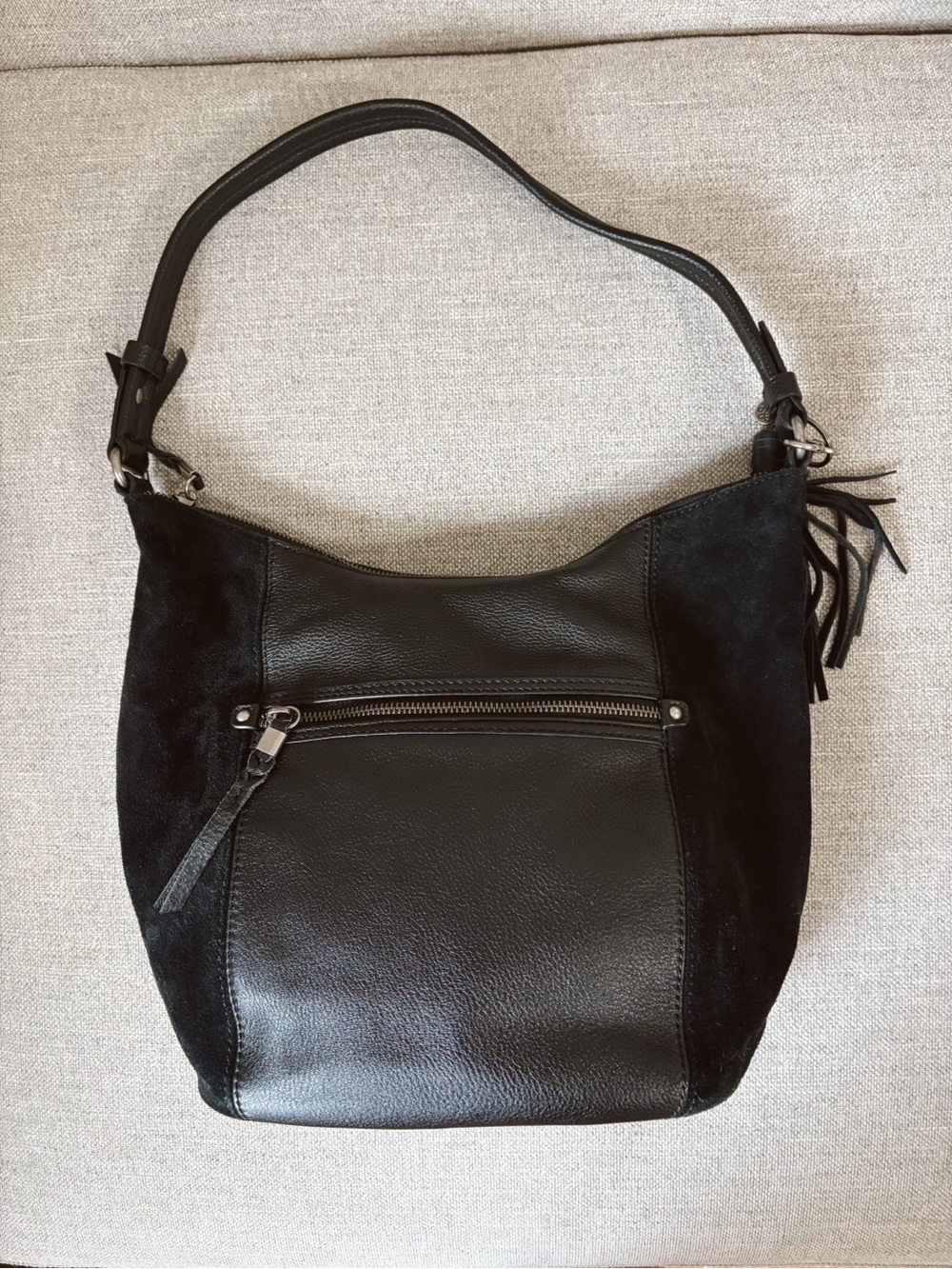 The Sak Sequoia Black Leather & Suede Tassle Shoulder Hobo Bag